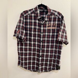 Harley Davidson Mens Button Front Shirts Sz L Red Black Plaid Short Sleeve Logo